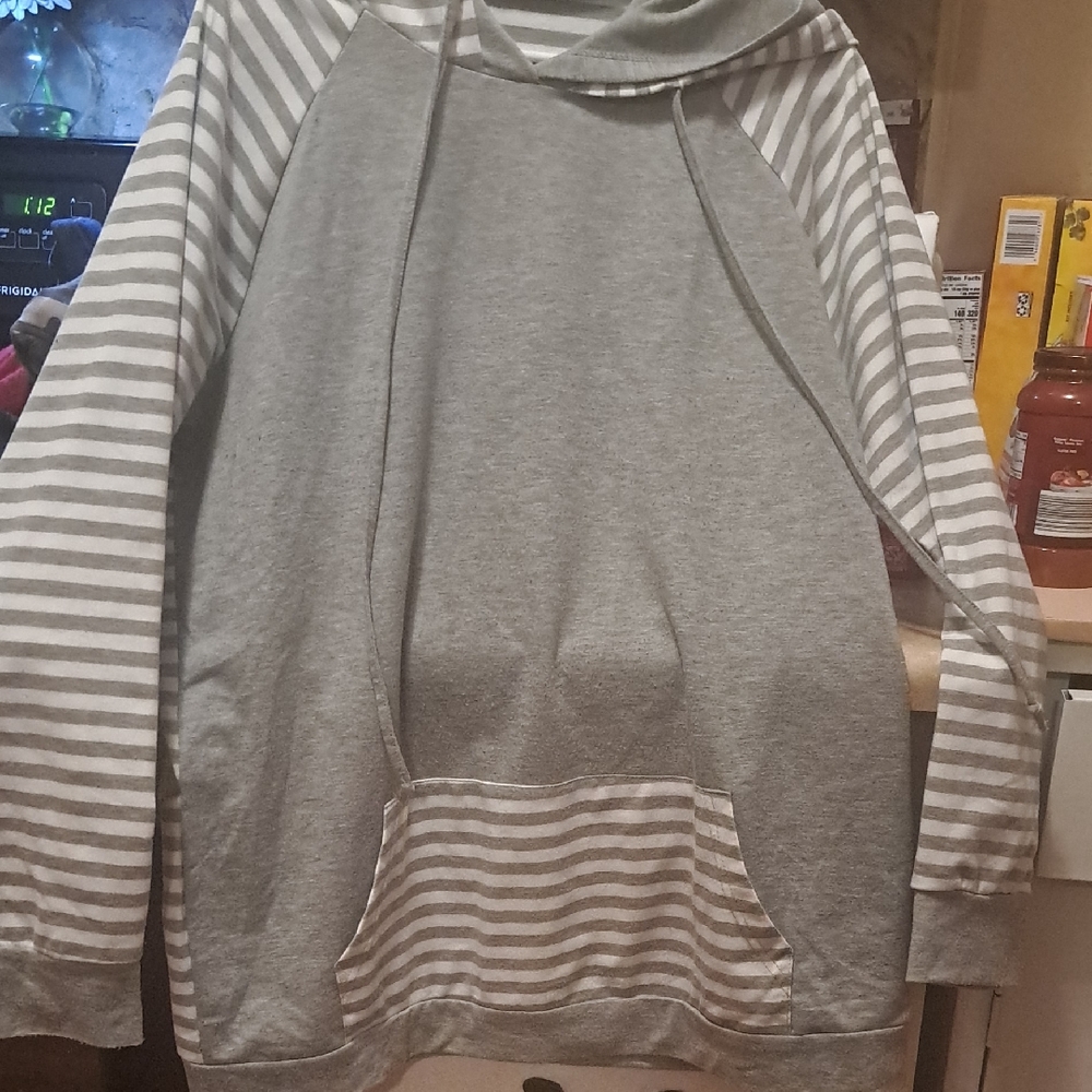 Gray and White Striped Hoodie